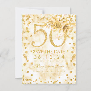 Gold 50th Birthday Modern Marble Save The Date