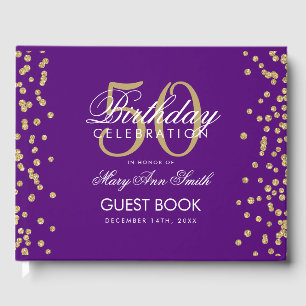 Gold 50th Birthday Party Glitter Confetti Purple Guest Book