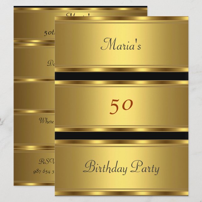 Gold 50th birthday Party Gold Black Invitation (Front/Back)