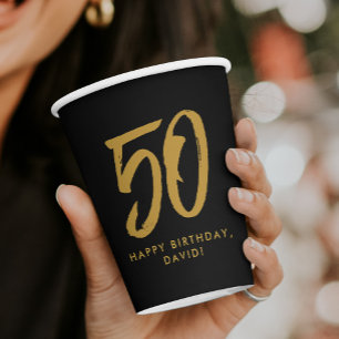 Gold 50th birthday party personalised paper cups