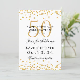 Gold 50th Birthday Party Save the Date Confetti Invitation