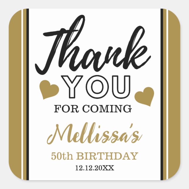 Gold 50th Birthday Party Thank You Favours Square Sticker (Front)