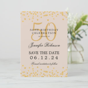 Gold 50th Birthday Save Date Confetti Champagne Invitation