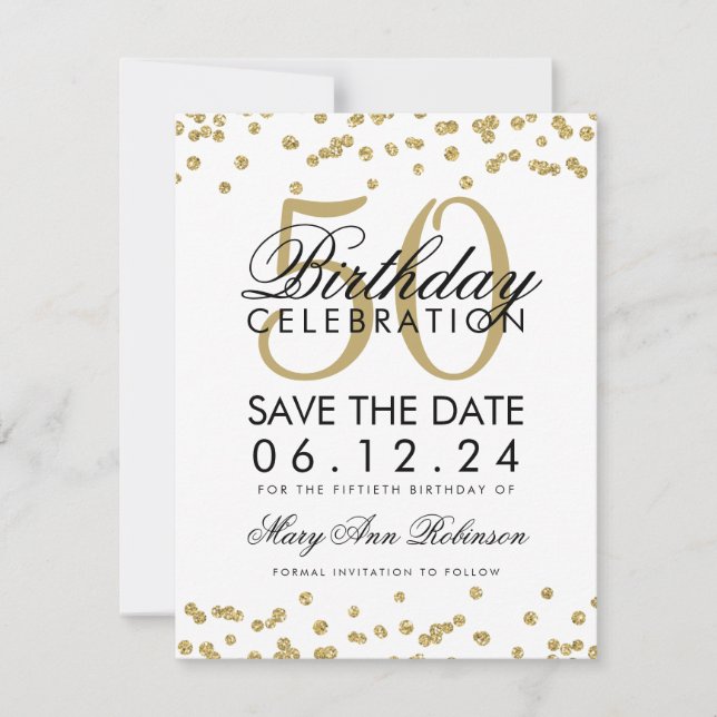 Gold 50th Birthday Save Date Confetti Save The Date (Front)