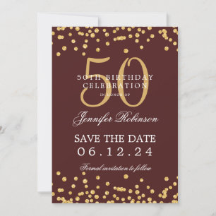 Gold 50th Birthday Save the Date Confetti Burgundy Invitation