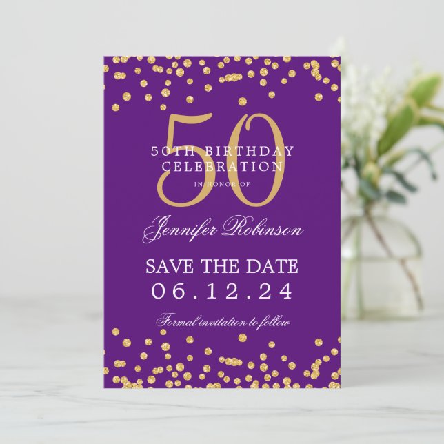Gold 50th Birthday Save the Date Confetti Purple  Invitation (Standing Front)