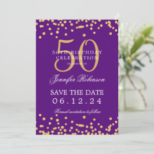 Gold 50th Birthday Save the Date Confetti Purple  Invitation