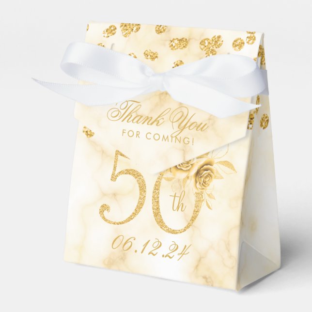 Gold 50th Birthday Thank You Floral Modern Marble  Favour Box (Front Side)