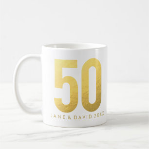 Gold 50th Day, Month, Year, Personalised White Mug