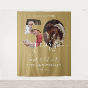Gold 50th Wedding Anniversary 2 Photo Backdrop Tapestry