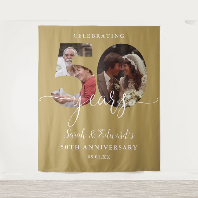 Gold 50th Wedding Anniversary 2 Photo Backdrop Tapestry (Front)