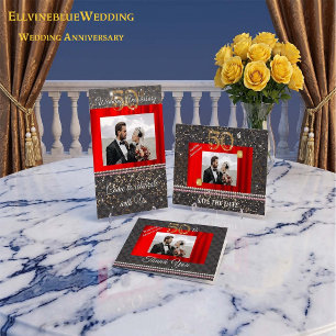 Gold 50th Wedding Anniversary Black Woven & Pearls Invitation