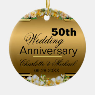 Gold 50th Wedding Anniversary Ceramic Tree Decoration