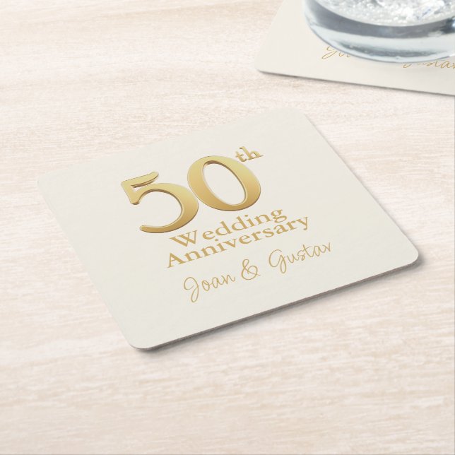 Gold 50th Wedding Anniversary | Champagne White Square Paper Coaster (Angled)