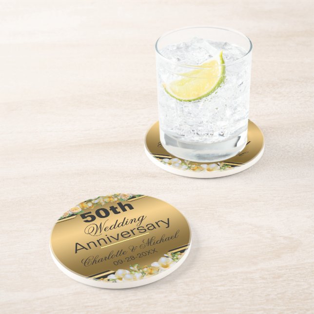 Gold 50th Wedding Anniversary Coaster (Side)
