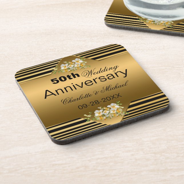 Gold 50th Wedding Anniversary Coaster (Left Side)