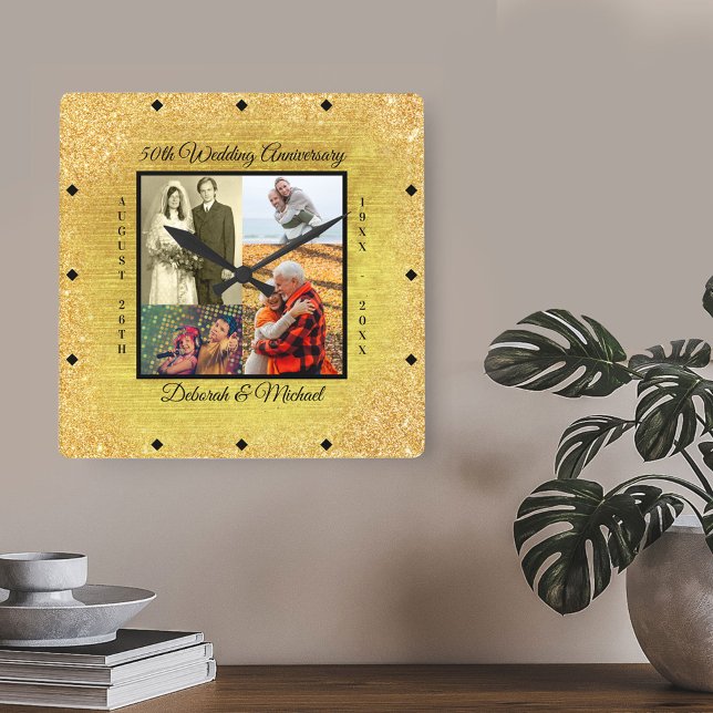 Gold 50th Wedding Anniversary Custom Photo Square Wall Clock (Creator Uploaded)