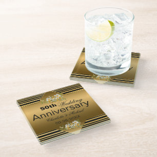 Gold 50th Wedding Anniversary Glass Coaster