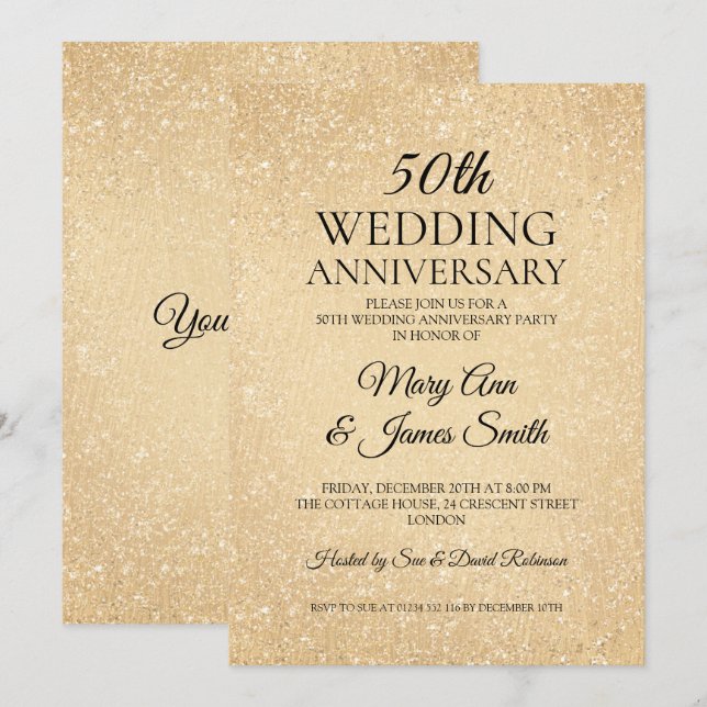 Gold 50th Wedding Anniversary Glitter Paint Look Invitation (Front/Back)