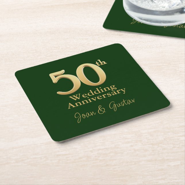 Gold 50th Wedding Anniversary | Green Square Paper Coaster (Angled)