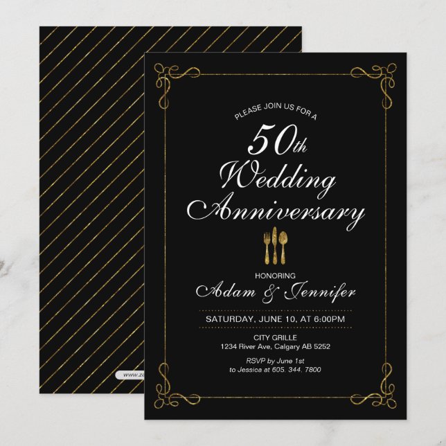 Gold 50th Wedding Anniversary Invitation Card (Front/Back)