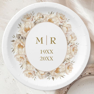 Gold 50th Wedding Anniversary Peony Floral Paper Plate