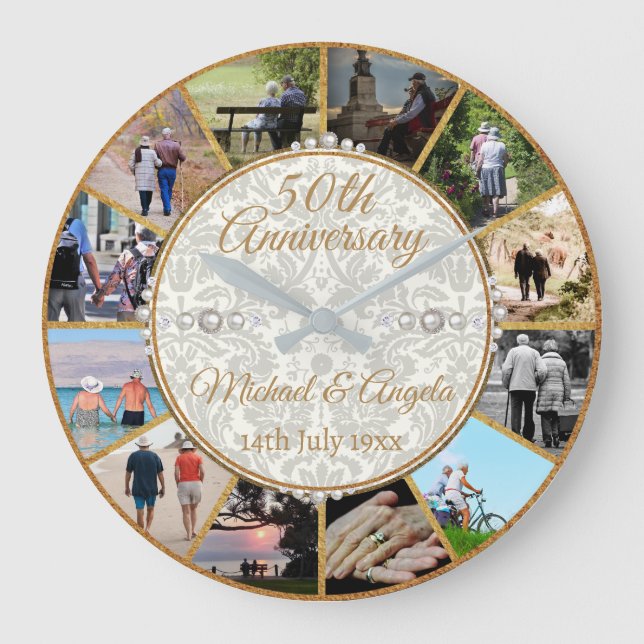Gold 50th Wedding Anniversary Personalised Photo Large Clock (Front)