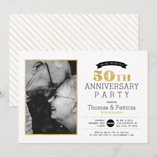 Gold 50th Wedding Anniversary Photo Invitation (Front/Back)
