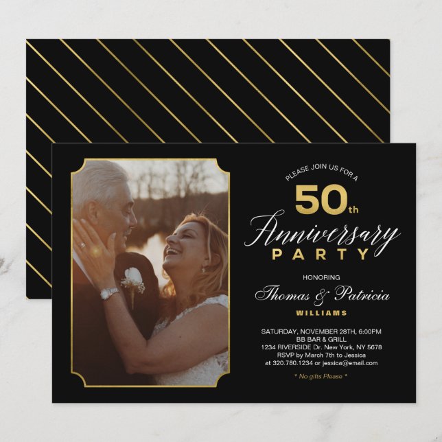 Gold 50th Wedding Anniversary Photo Invitation (Front/Back)