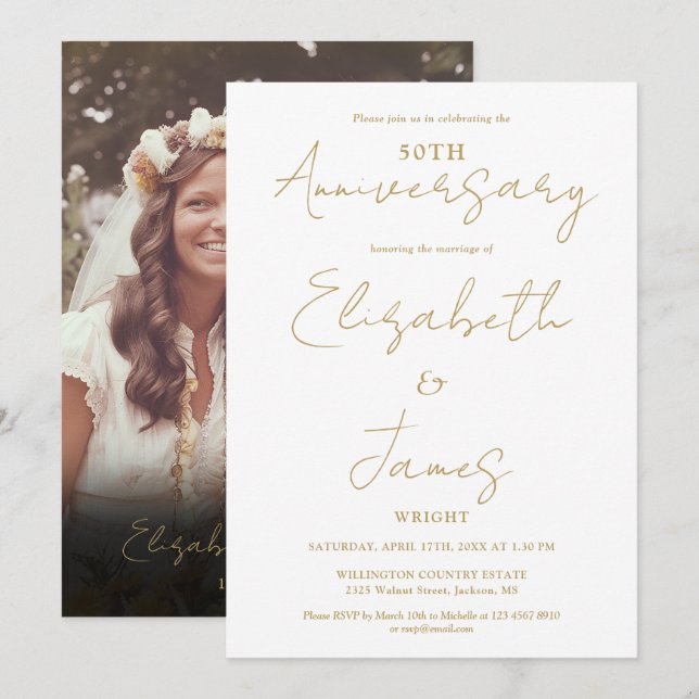 Gold 50th Wedding Anniversary Photo Wedding Invitation (Front/Back)