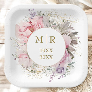 Gold 50th Wedding Anniversary Pink Peony Floral Paper Plate