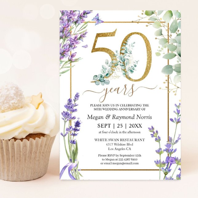 Gold 50th Wedding Anniversary Purple Lavender Invitation (Creator Uploaded)