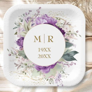 Gold 50th Wedding Anniversary Purple Peony Floral Paper Plate