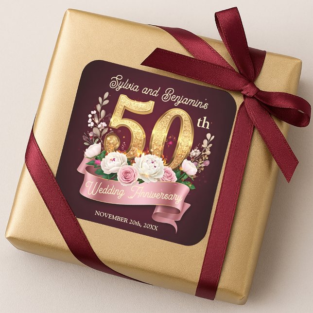 Gold 50th Wedding Anniversary Roses Laurel Wreath Square Sticker (Creator Uploaded)