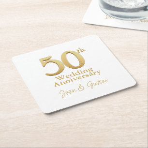 Gold 50th Wedding Anniversary White Square Paper Coaster