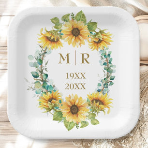 Gold 50th Wedding AnniversarySunflower Floral Paper Plate