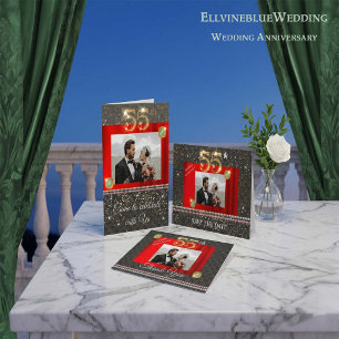 Gold 55th Wedding Anniversary Black Woven Pearls Invitation