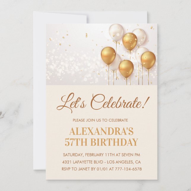 Gold 57th birthday invitations  Balloons  (Front)