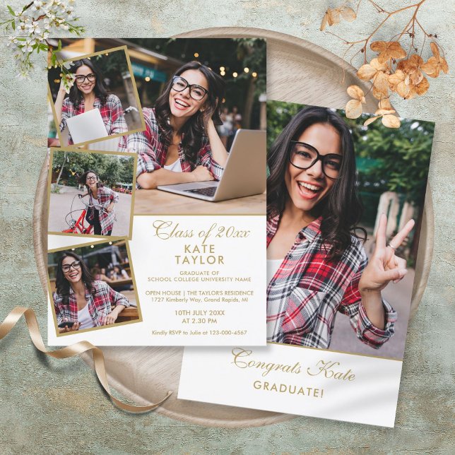 Gold 5 Photo Collage Graduation Party Invitation (Gold 5 Photo Collage Graduation Party Invitation)