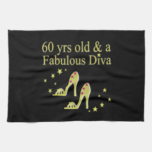 GOLD 60 YRS OLD AND A FABULOUS DIVA TEA TOWEL