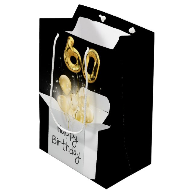 Gold 60th Birthday Balloons in Box   Medium Gift Bag (Front Angled)