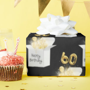 Gold 60th Birthday Balloons in White Box Wrapping Paper