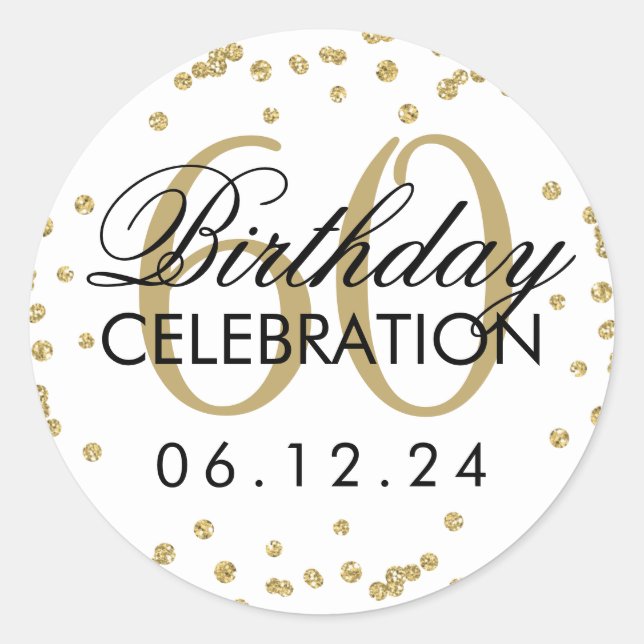 Gold 60th Birthday Faux Glitter Confetti Classic Round Sticker (Front)