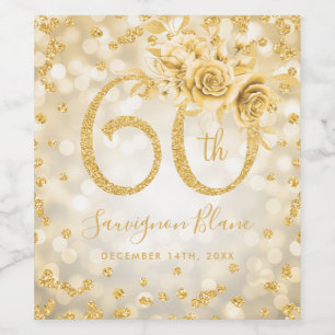Gold 60th Birthday Floral Glam Lights  Wine Label