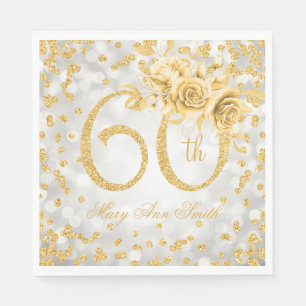 Gold 60th Birthday Floral Silver Glam Lights  Napkin