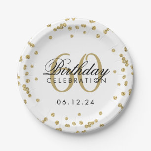 Gold 60th Birthday Glitter Confetti White Paper Plate