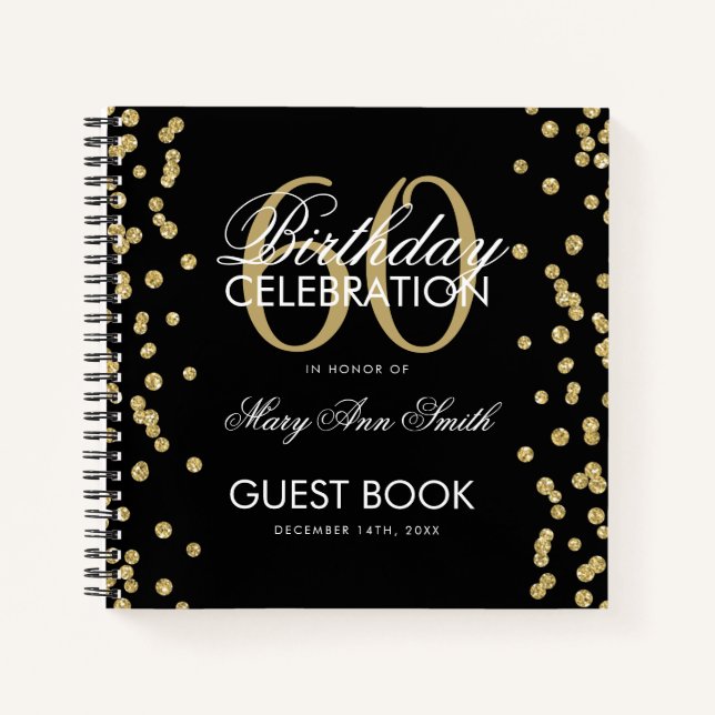 Gold 60th Birthday Guestbook Confetti Black Notebook (Front)