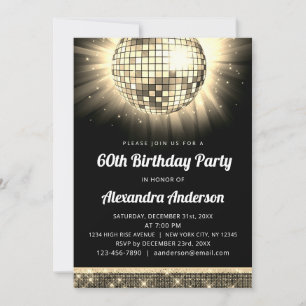 Gold 60th Birthday Party 70's Disco Ball Invitation