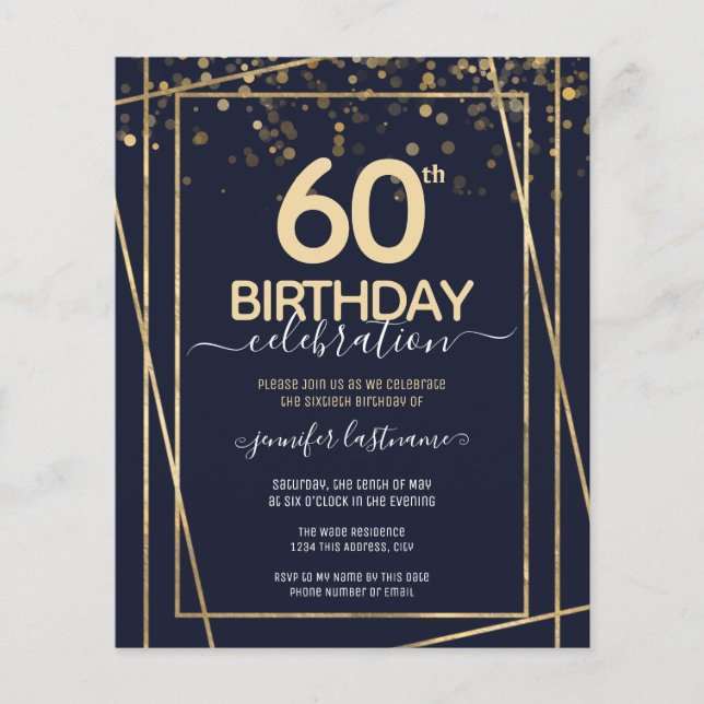 Gold 60th Birthday Party Budget Invitation (Front)
