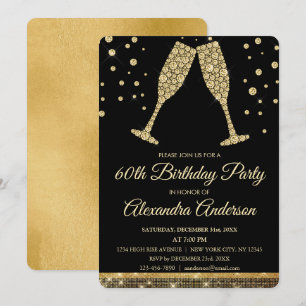 Gold 60th Birthday Party Diamond Champagne Glass Invitation